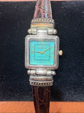Ecclissi Ladies Sterling Watch Turquoise Tone Face Dark brown Leather Band